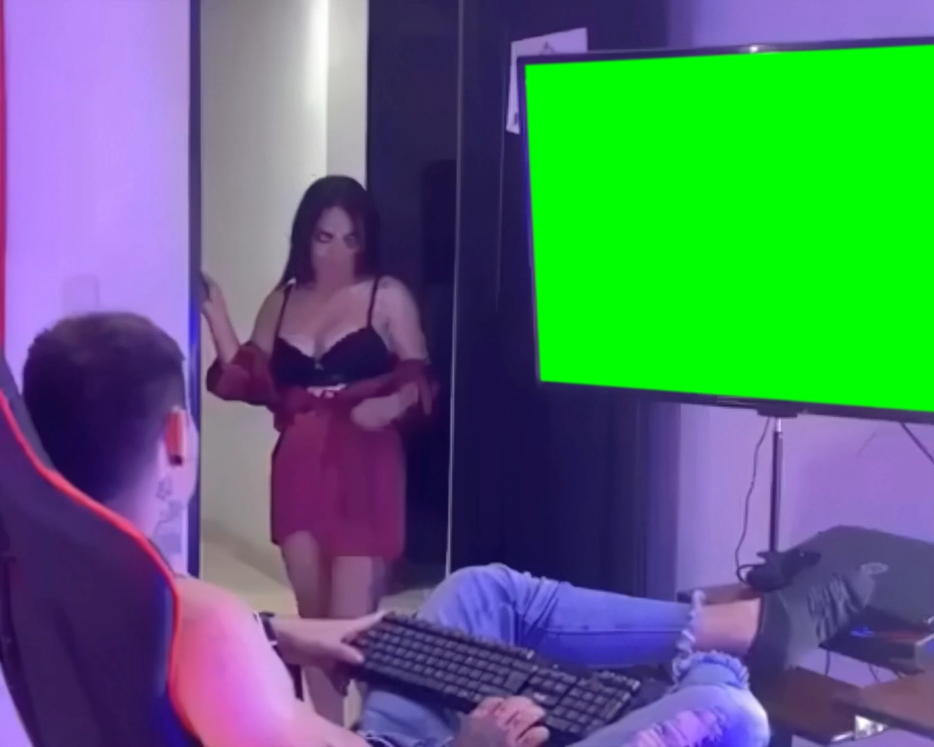 No simping meme - Man focused on TV screen (Green Screen)