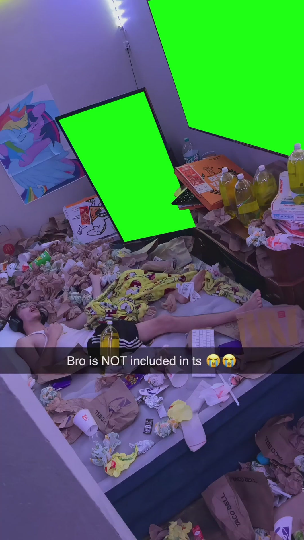 Guy in Messy Bed watching TV meme (Green Screen)
