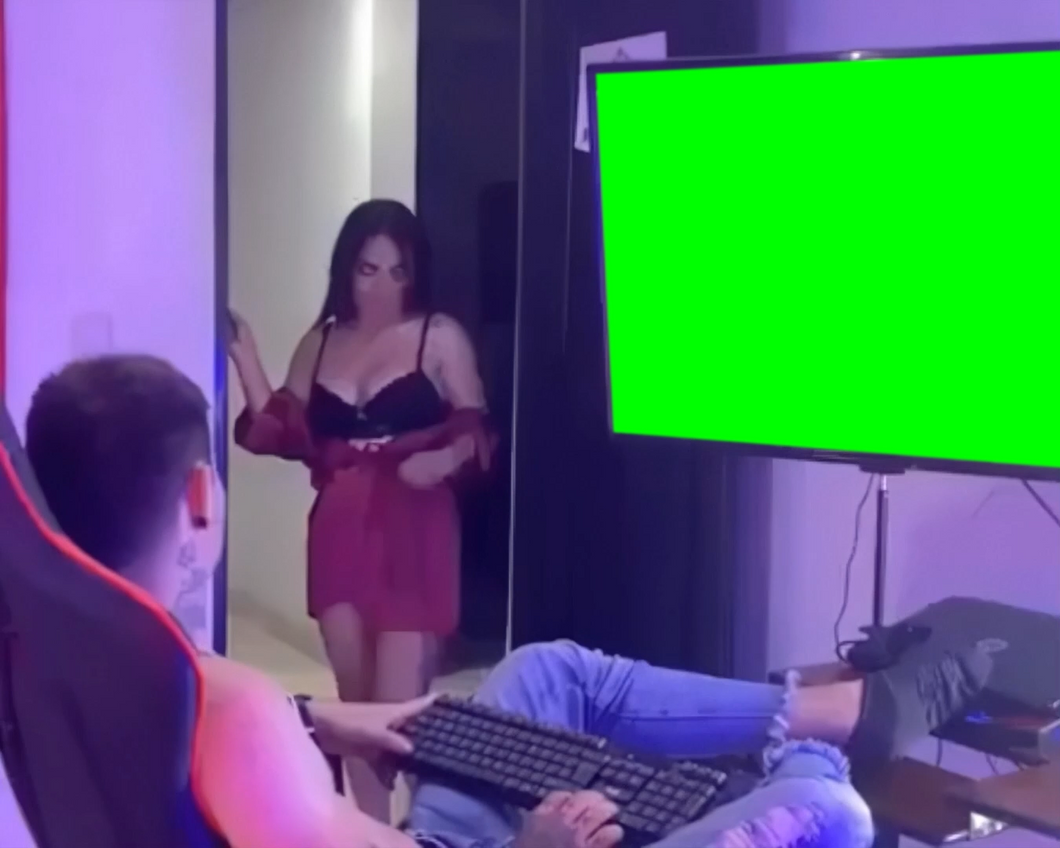 No simping meme - Man focused on TV screen (Green Screen)